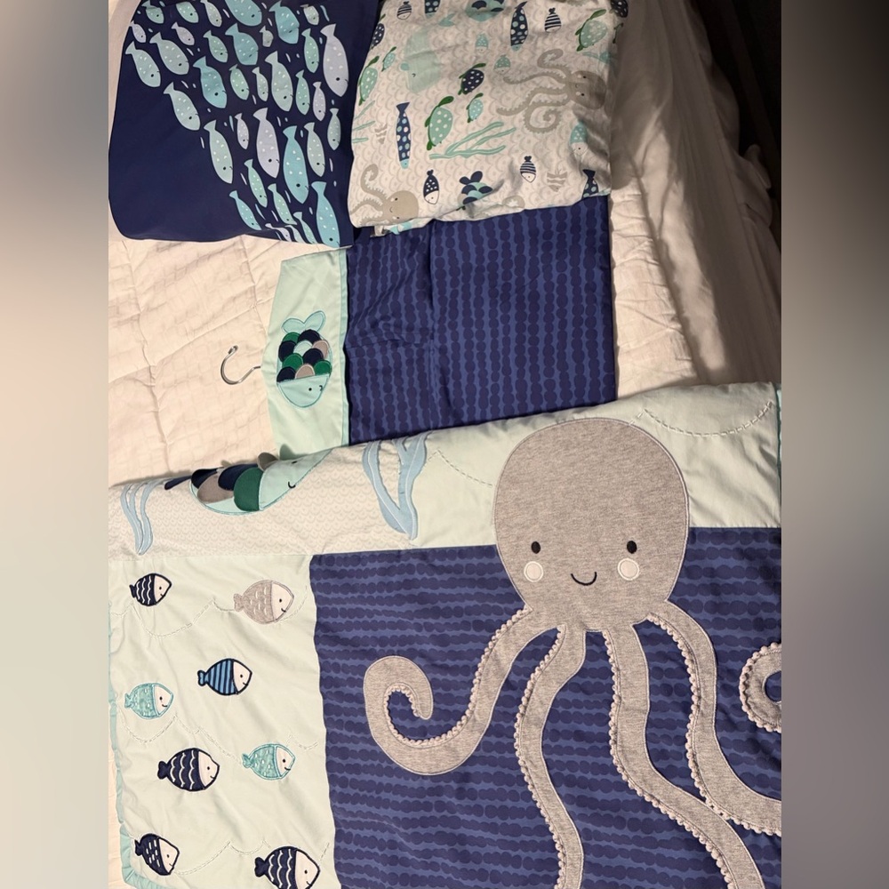 Ocean Patchwork Octopus Baby Quilt - Navy, Aqua, Gray